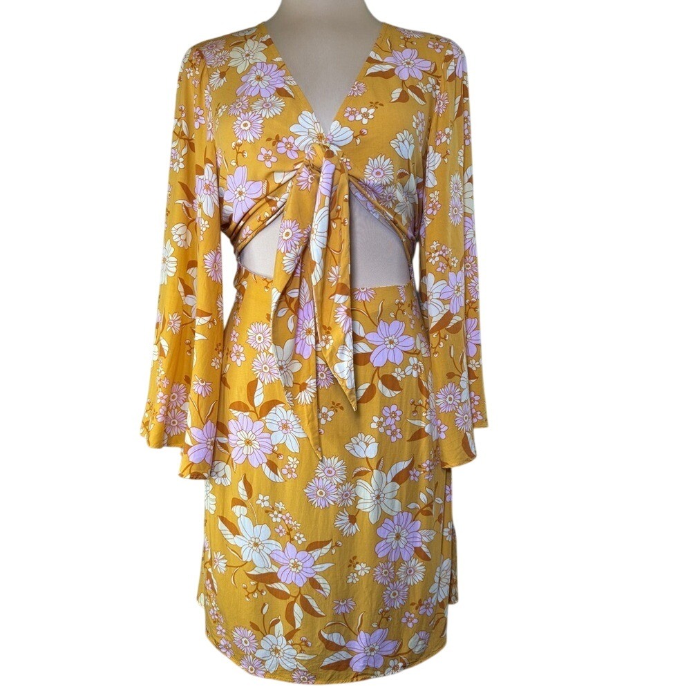 Cupshe Keira Yellow Floral Bunny Tie Bell Sleeve Cut Out Mini Dress Cover Up Med
